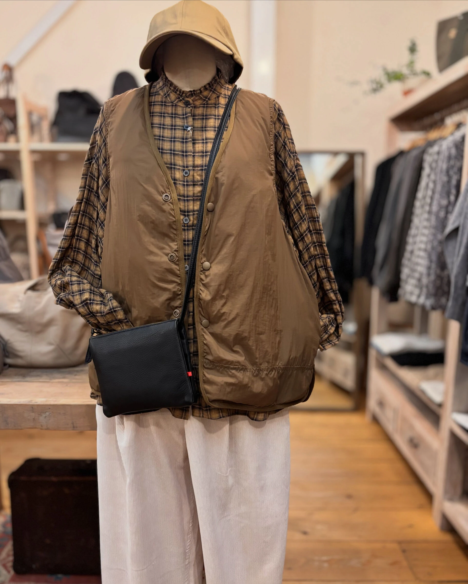 画像7039：ベストにチェック柄シャツをコーディネート